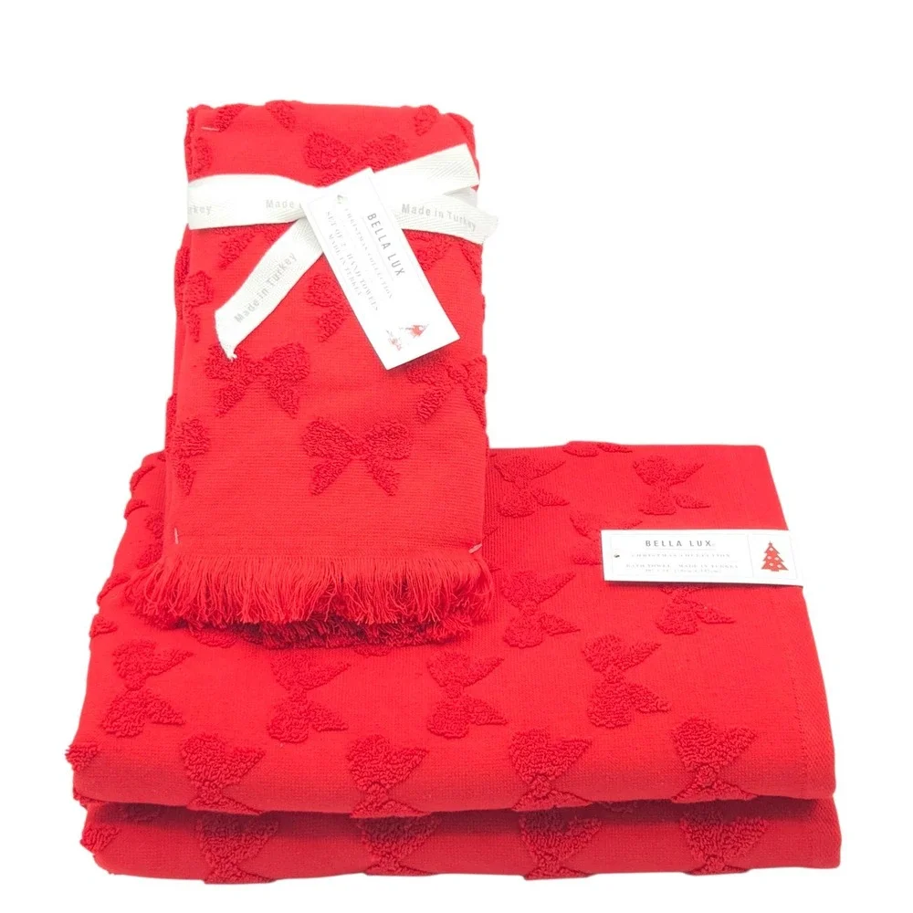 Bella Lux Christmas Collection Red Bows Embossed Turkish Cotton Towel Set Of 4pc